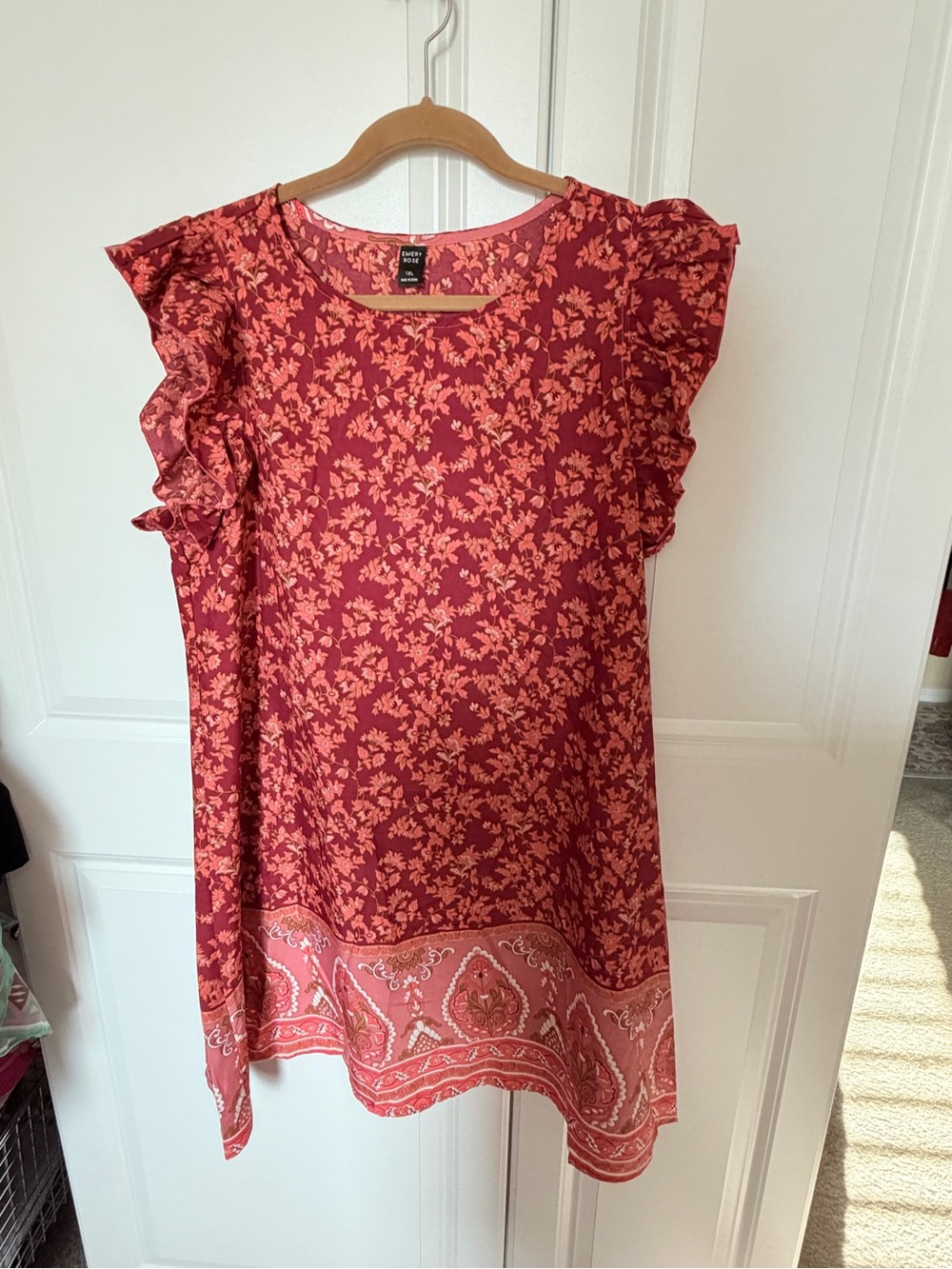Unbranded Red Floral Midi Dress with Ruffle Sleeves
